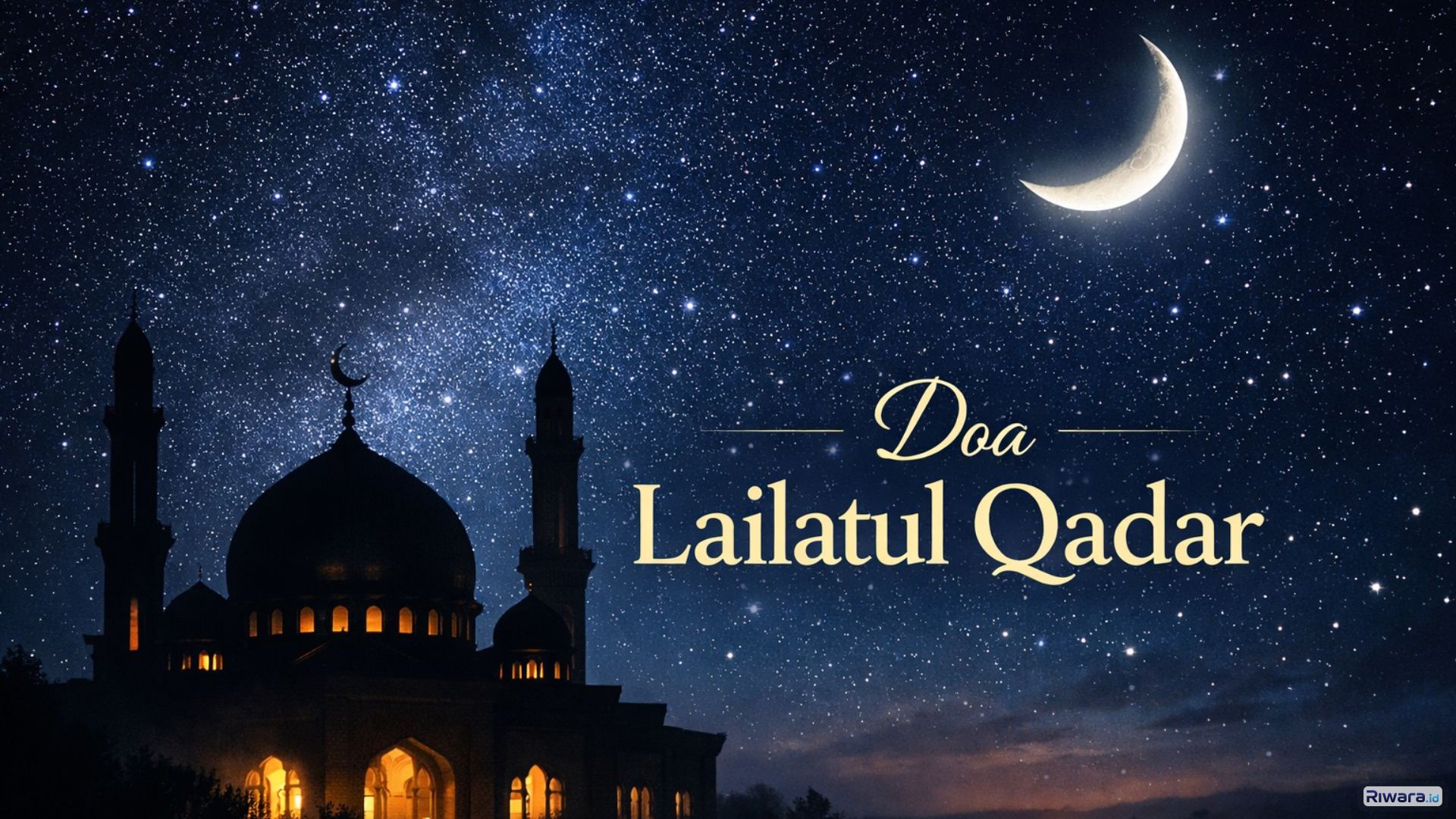 Suasana masjid pada malam Ramadhan dengan langit bertabur bintang dan bulan sabit, menggambarkan kemuliaan malam Lailatul Qadar yang disebut lebih baik daripada seribu bulan, saat umat Islam dianjurkan memperbanyak doa dan ibadah.